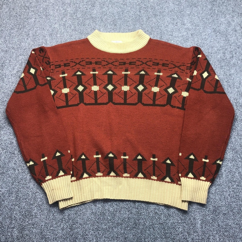 Vintage Unicorn Sweater Mens Large Orange Geometric Knit Crewneck Pullover
